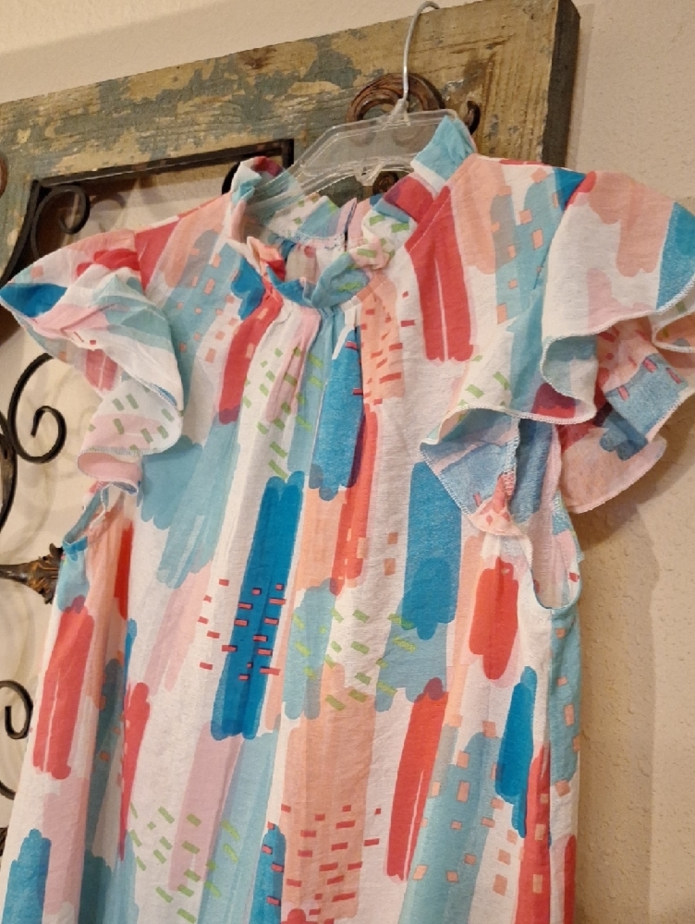 JODIFL Pink Blue White Brushstroke Ruffle Tunic Top. NWOT Size S - Picture 9 of 13
